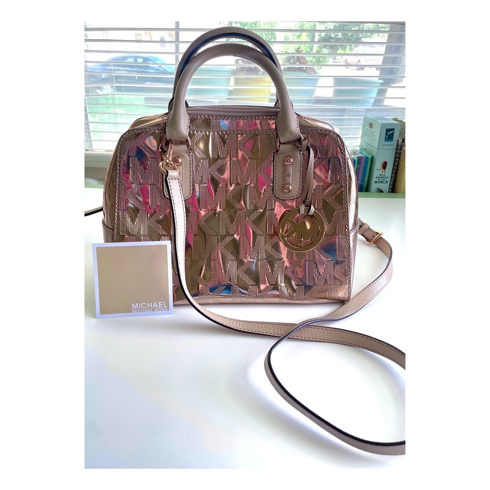 Michael Kors Metallic Rose Gold Logo Print Leather Zipper Satchel Shoulder Bag